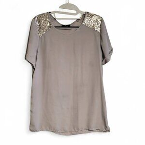 Soprano Blouse Sequined Shoulders Cuff Short Sleeves Sz M